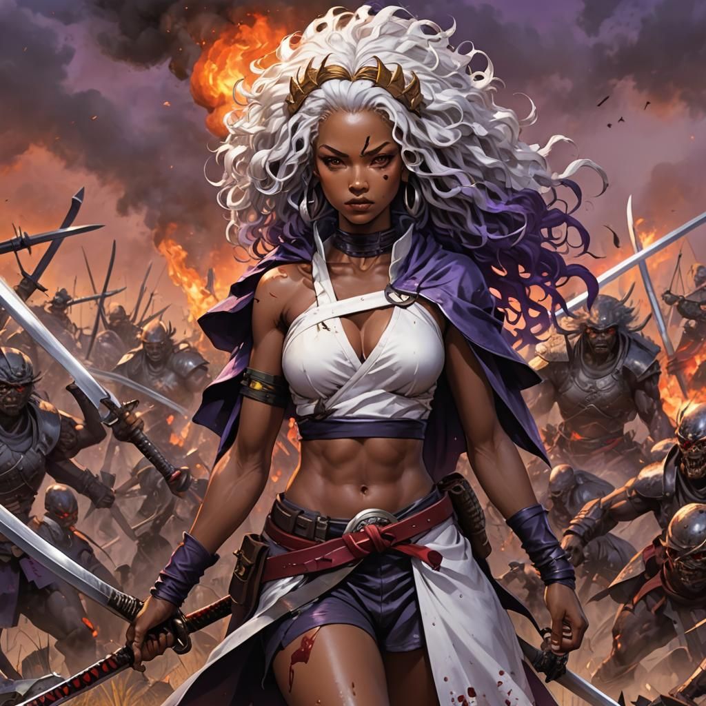 Afro-Caribbean-Japanese Warrior Queen in Bloody Battle Field