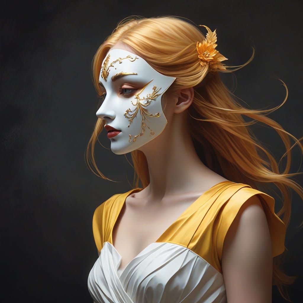 Surreal Woman in Sculptural Mask and Yellow Dress