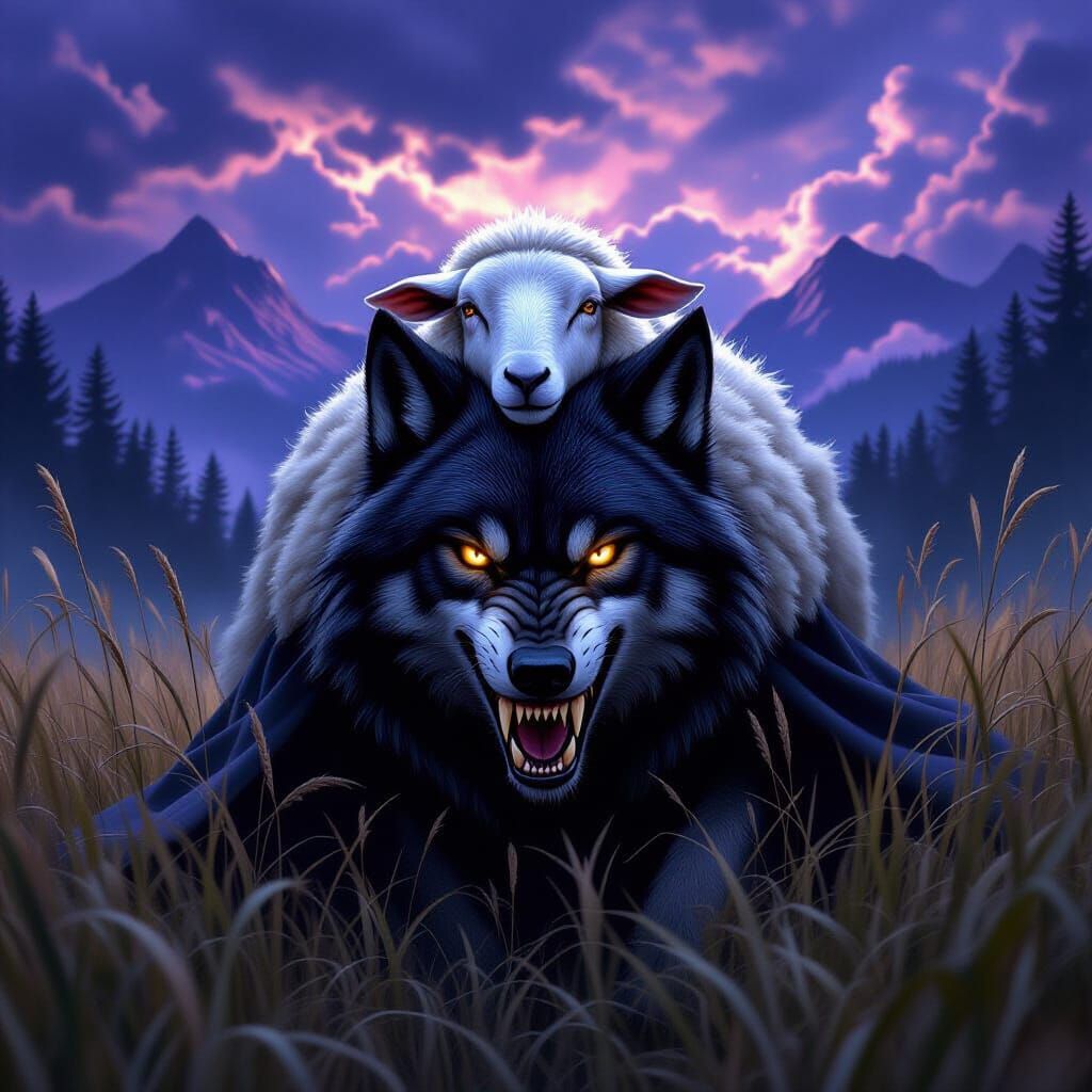 Fierce Black Wolf in Sheepskin Cape Creeping Through Dark Fo...