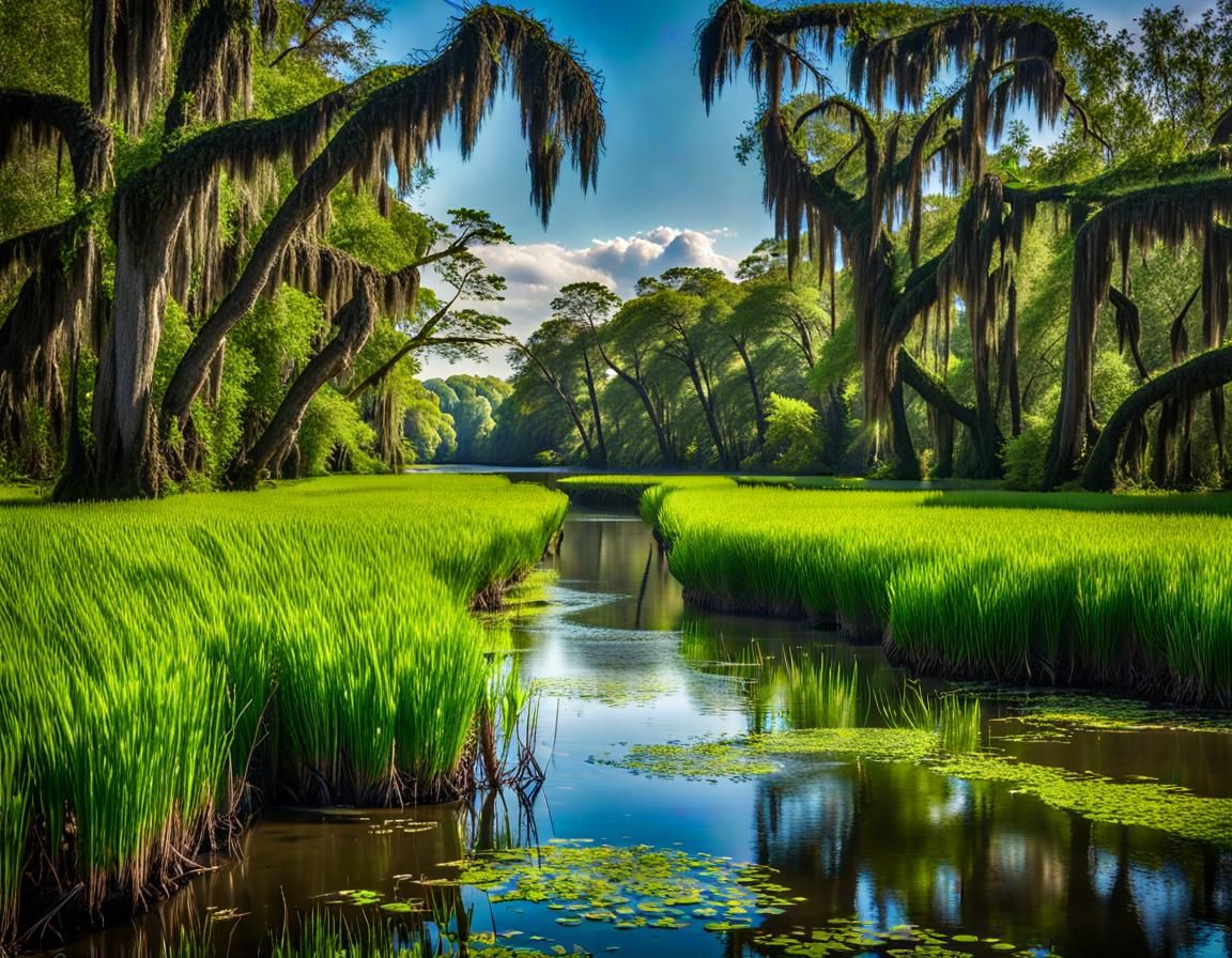River running through a lush green field