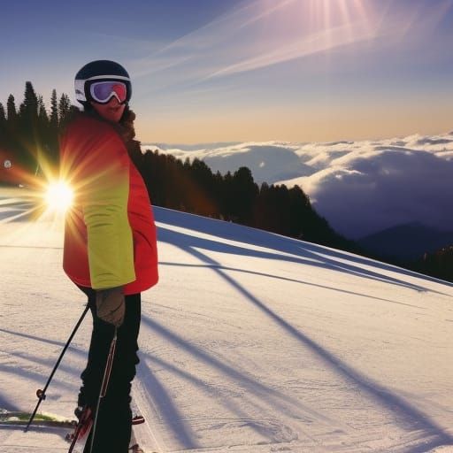 Woman Skiing on Sunny Mountain Slope