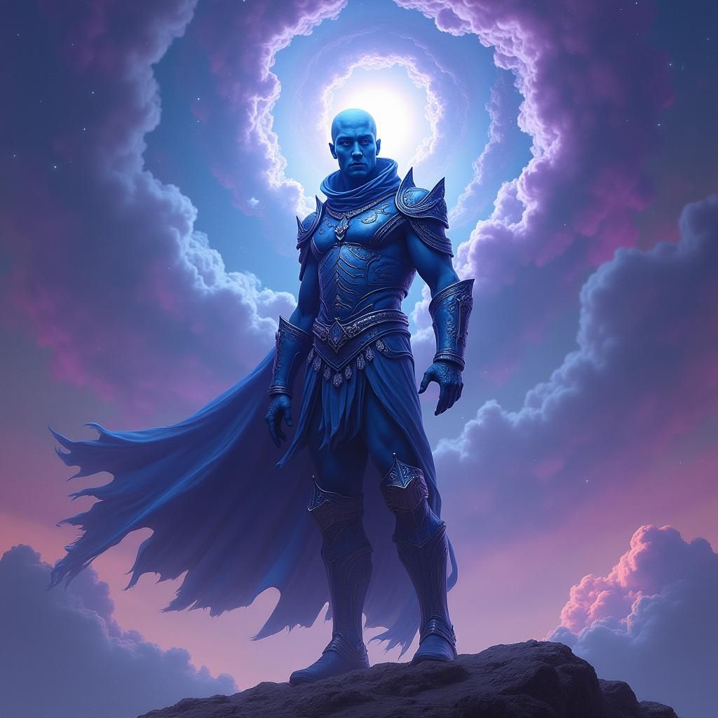 Blue-Skinned Warrior in Nebula Landscape