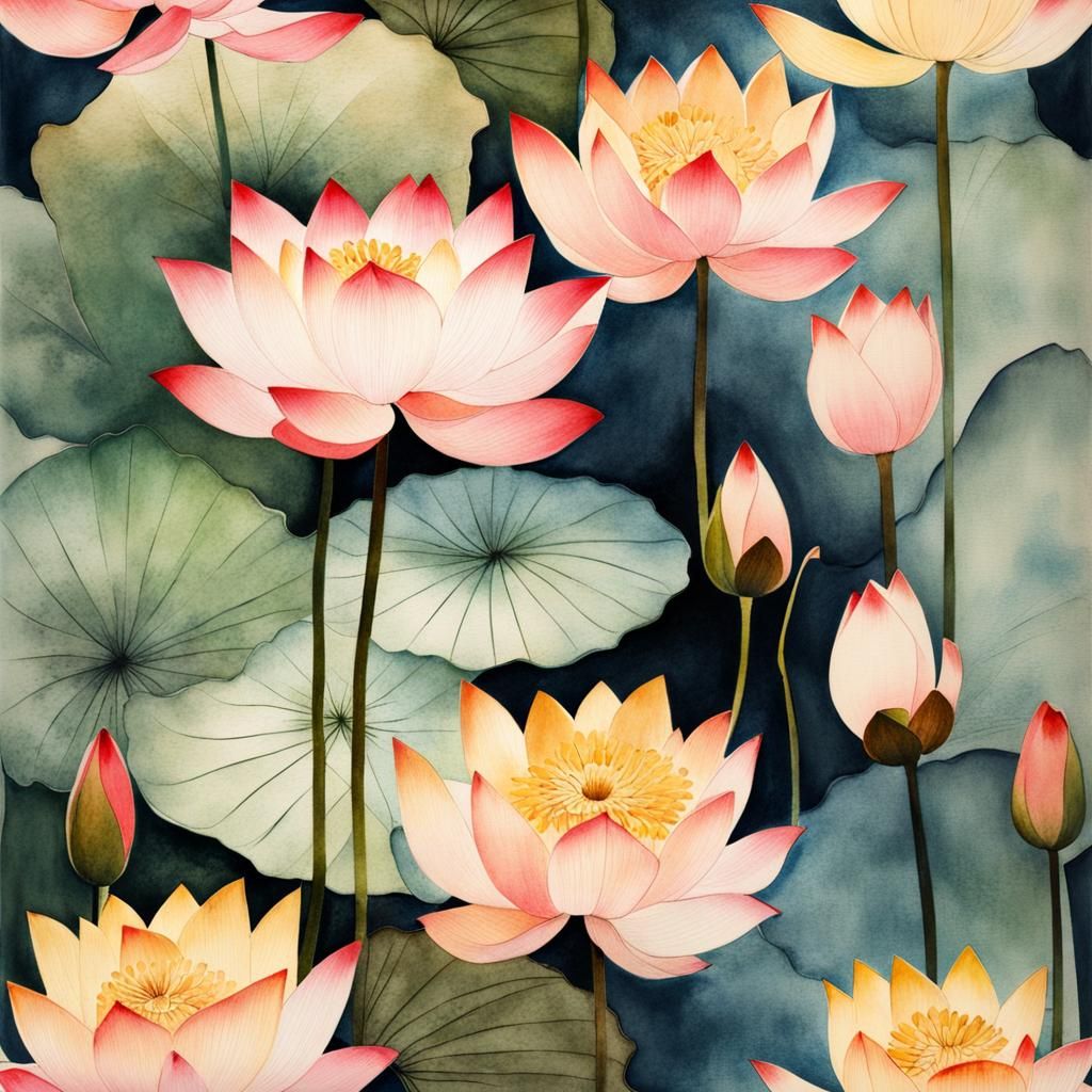 Muted Lotus Flower Pattern in Chinese Ink Style