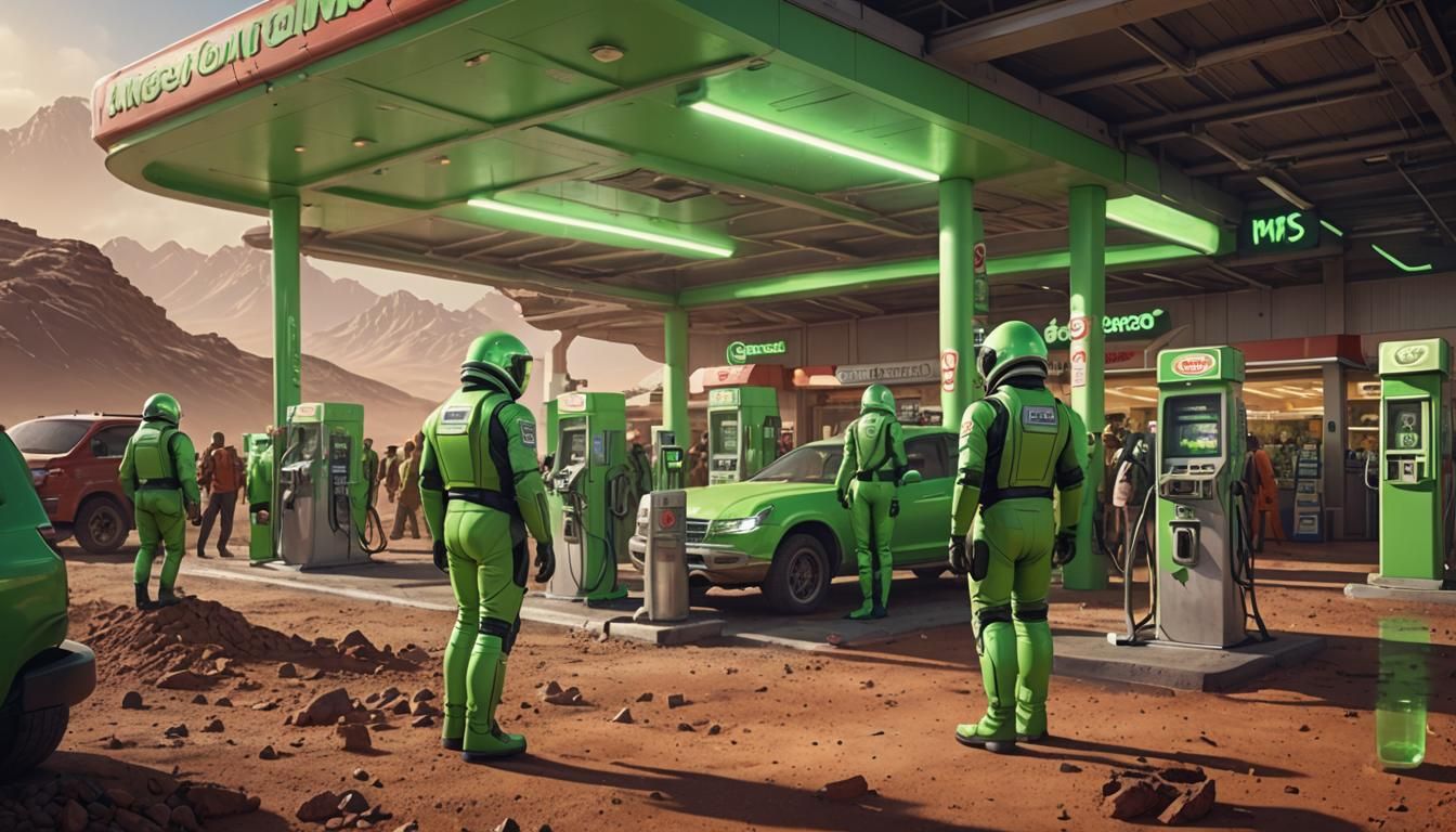 Martian Gas Station with Neon Patrons in 4K