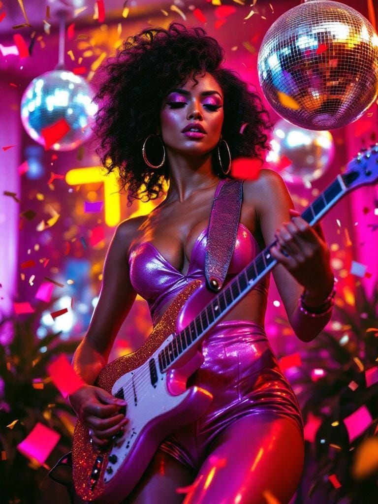 Woman with Electric Guitar at Neon Party, Art Deco Style