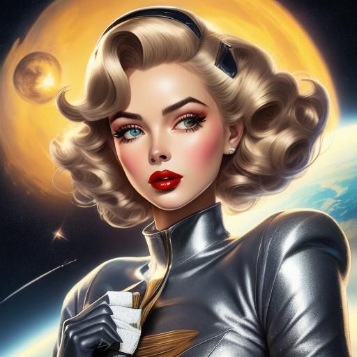 Retro-Futuristic Pinup Model with Space Helmet