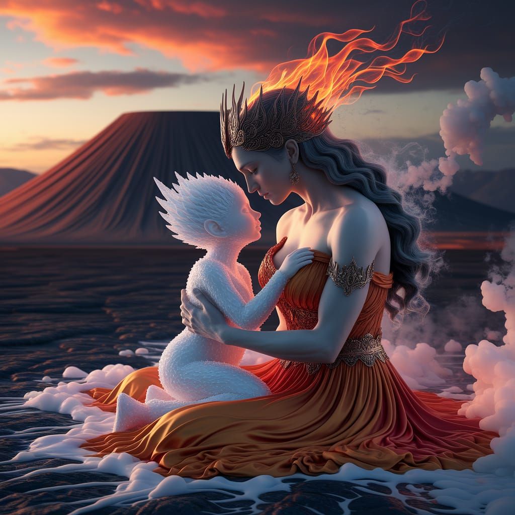 Fire Mother Embraces Ice Child in Volcanic Sunset