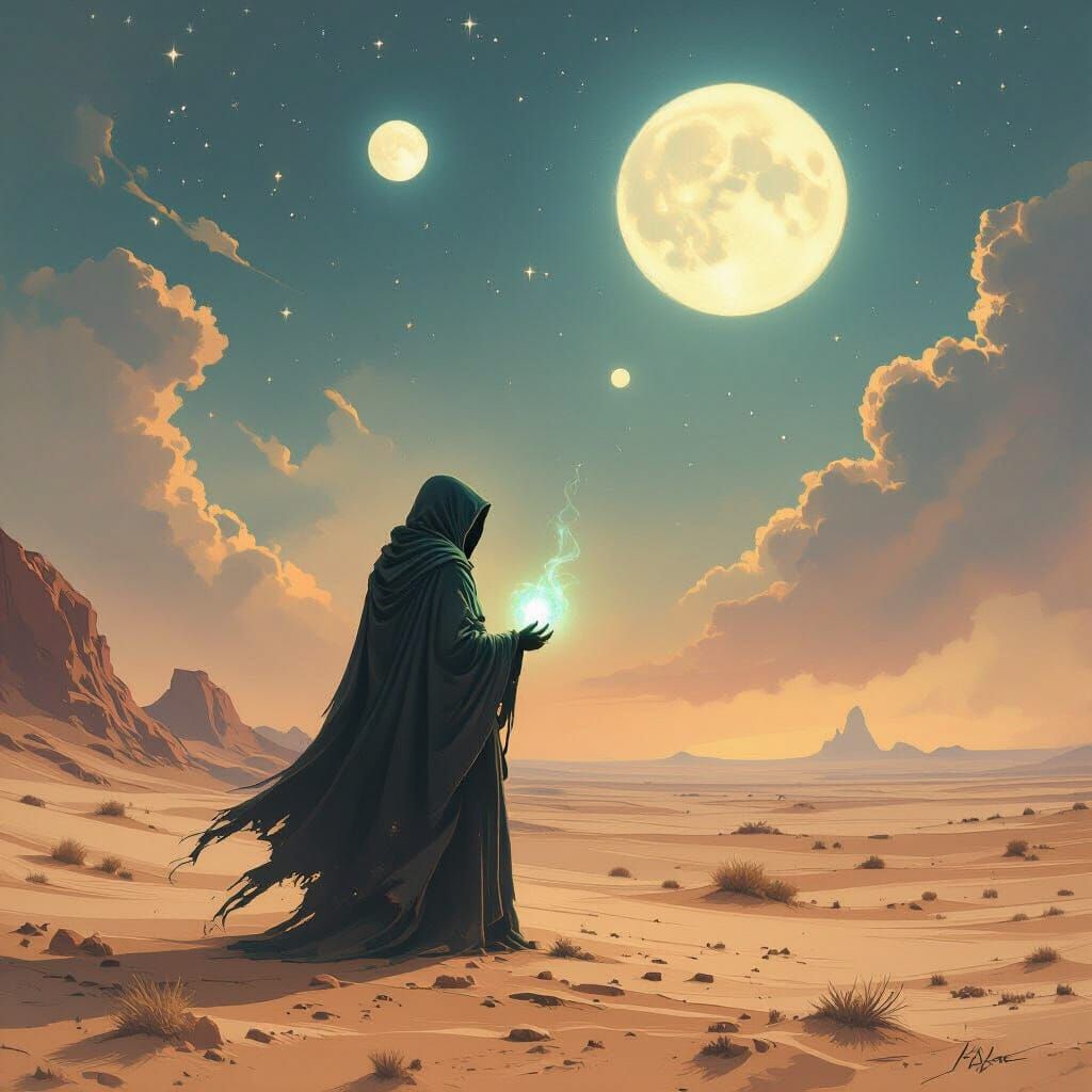 Alien Desert Wanderer with Glowing Artifact at Twilight