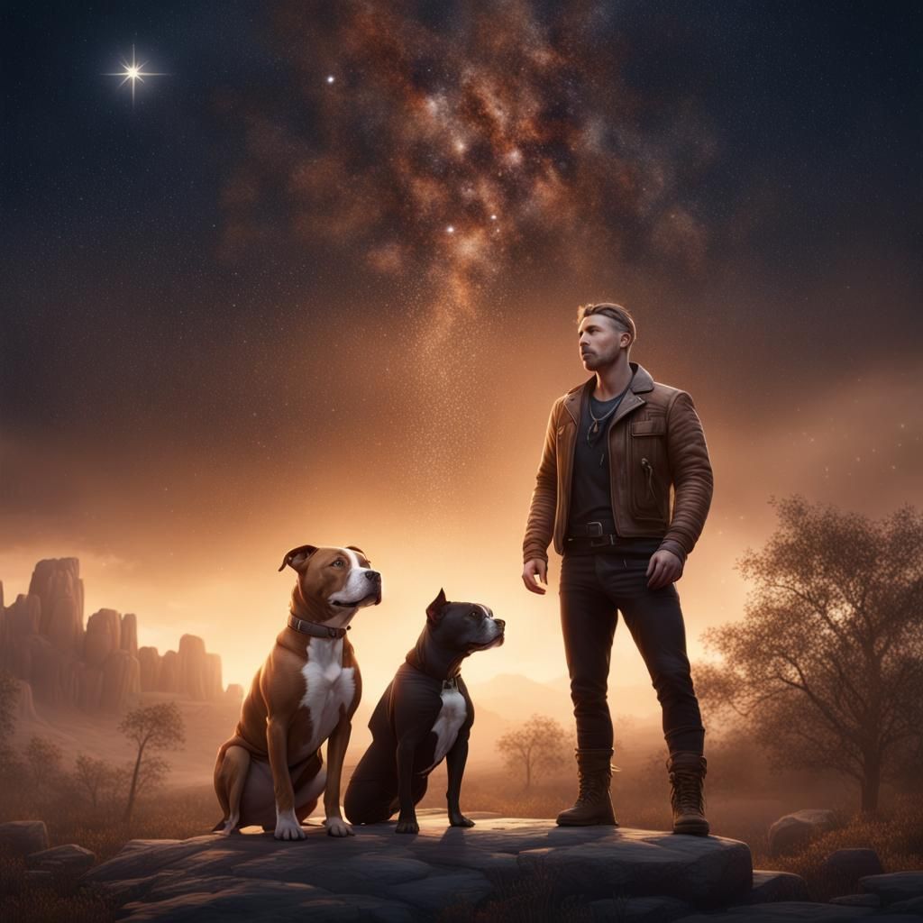 Man and Pitbull Under the Stars: Fantasy Art