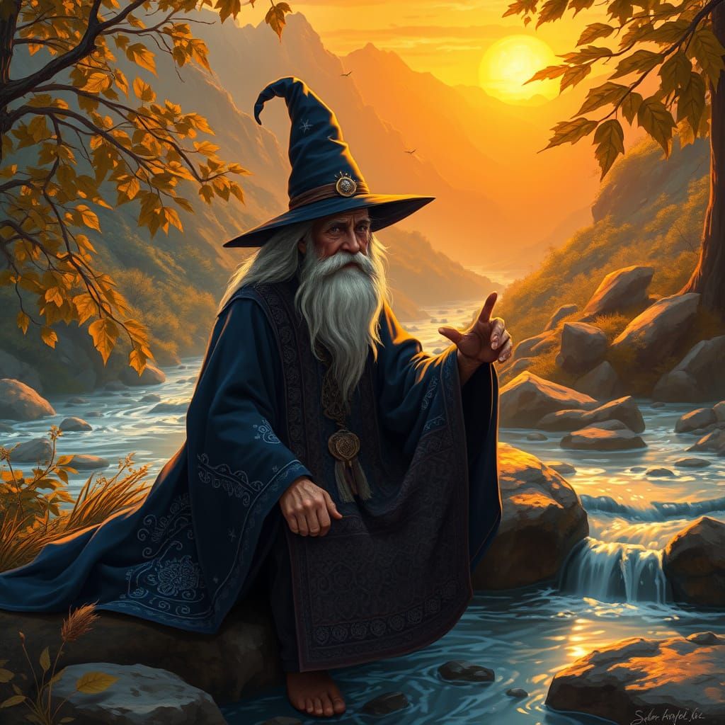 Wise Wizard in Mountain Glade: Painterly Style