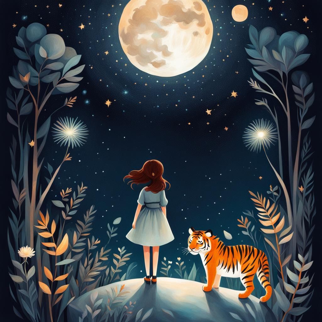 Dreamy Dixit Card Illustration: Girl and Tiger