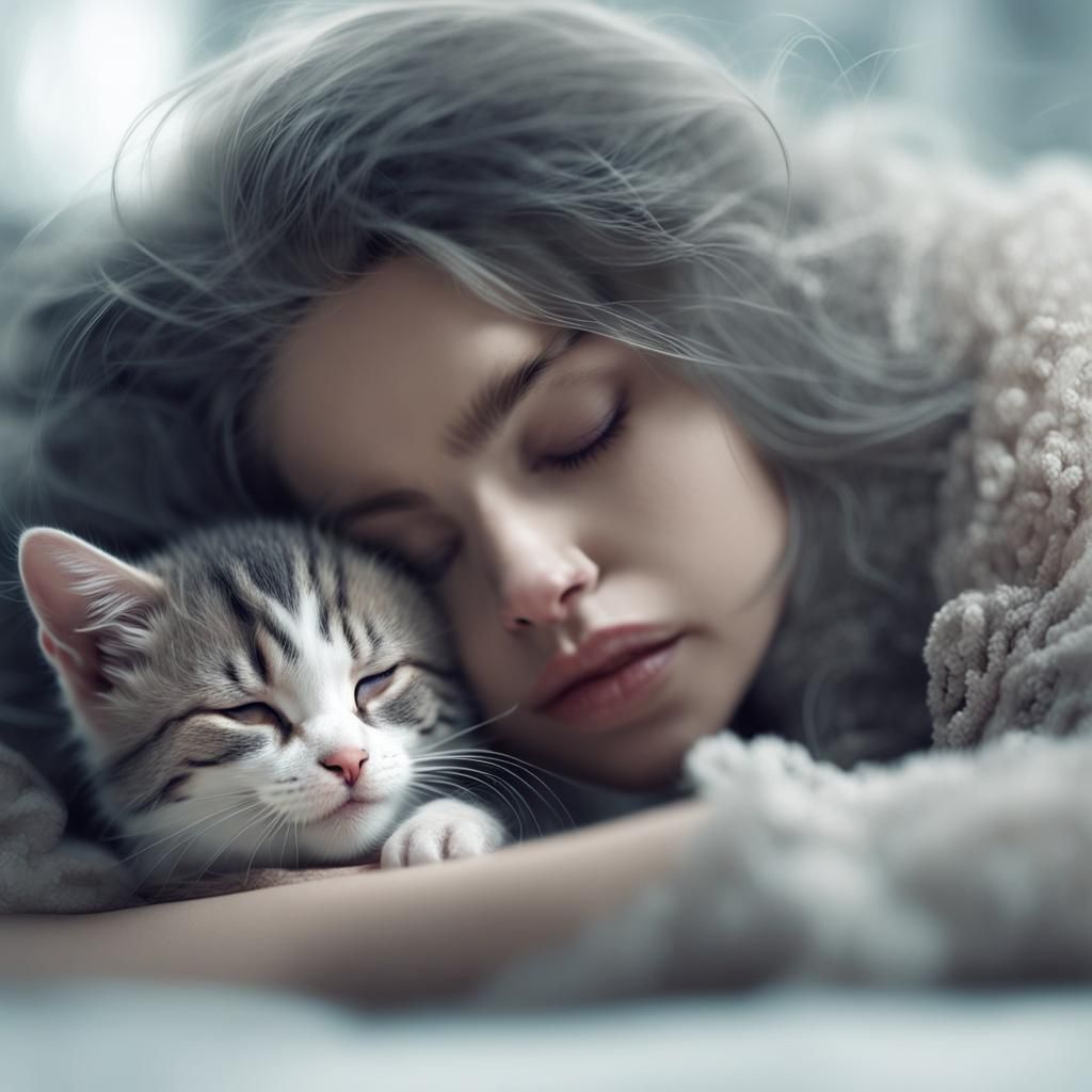 Sad Woman with Kitten Dream: High Contrast Art