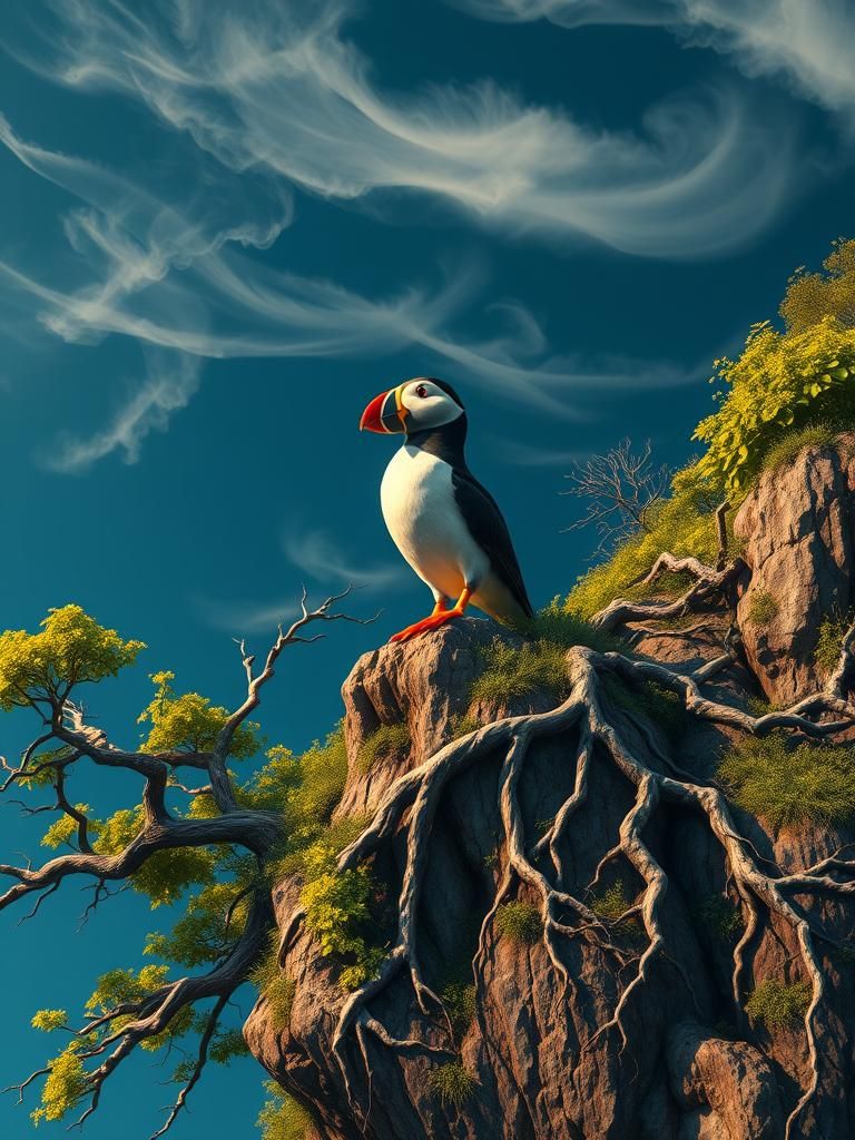 Puffin on Cliffside in Dreamlike Environment
