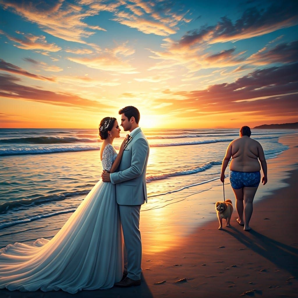 Wedding Couple on Beach at Sunset: Detailed Image