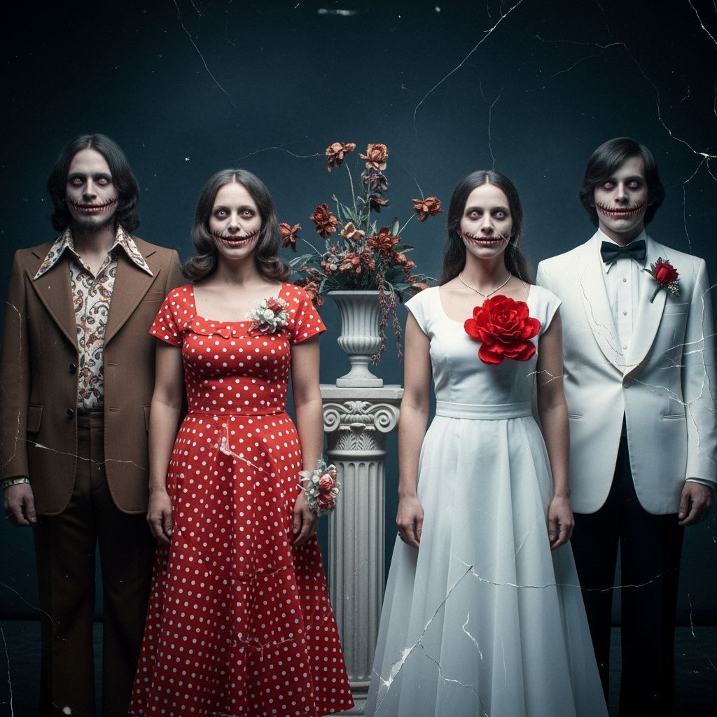 Eerie 1970s Prom Photo with Unsettling Figures