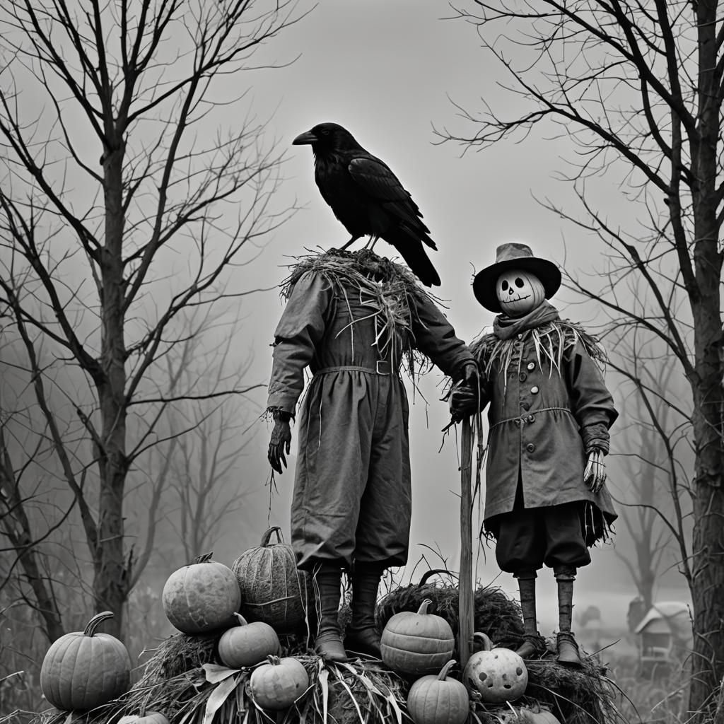 Raven on Scarecrow in Monochrome