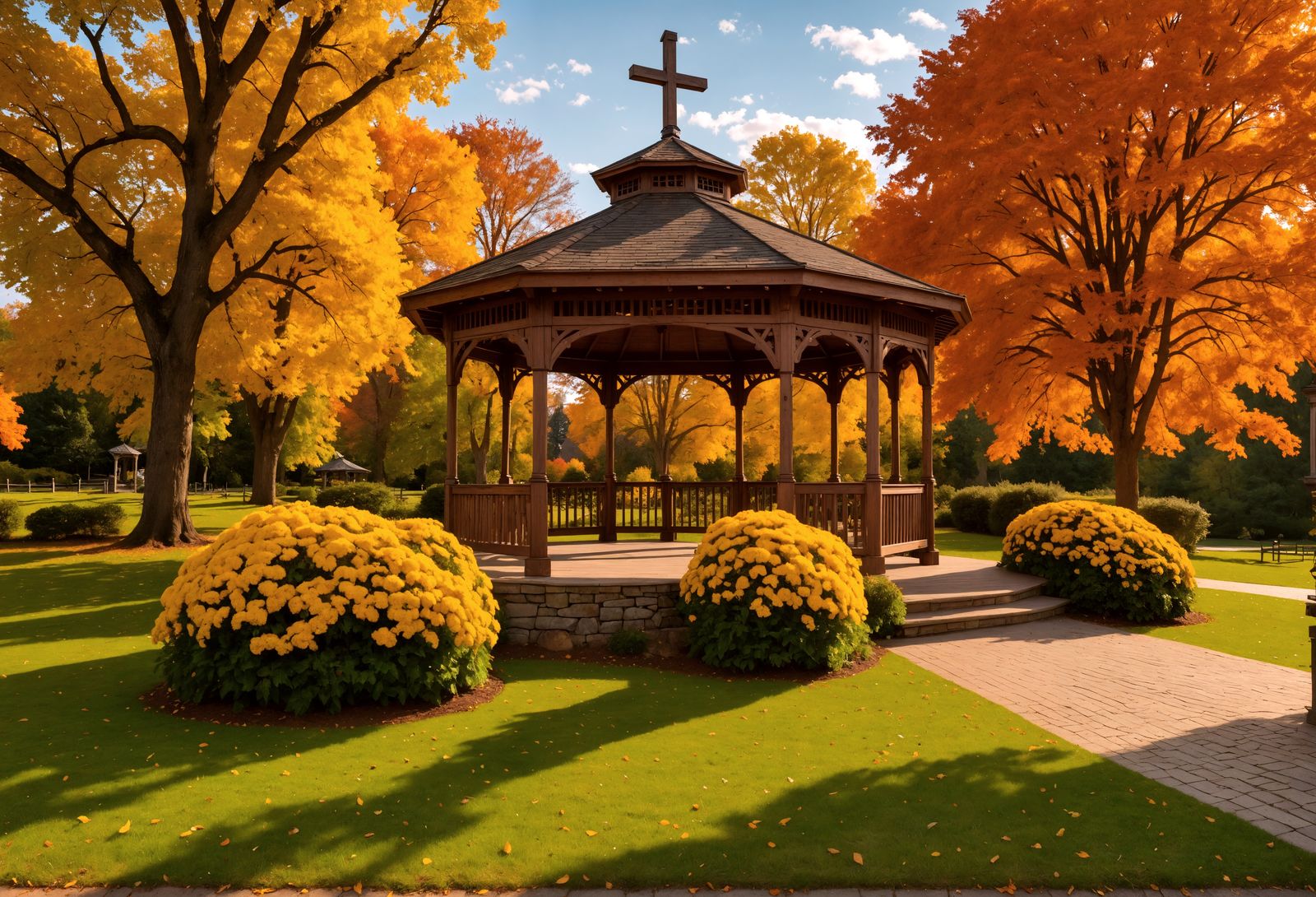 Autumn Wooden Gazebo with Cross in Hyperrealistic HDR
