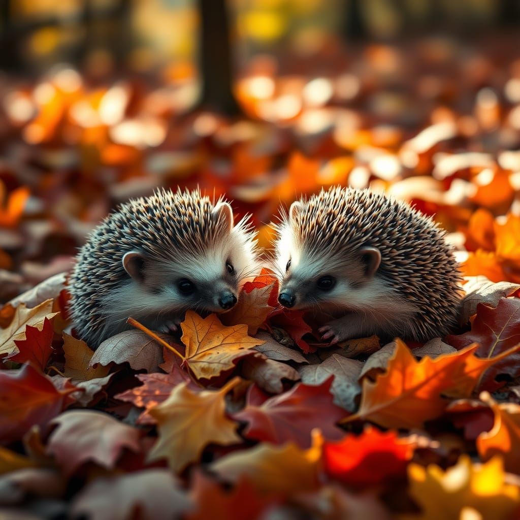 Adorable Hedgehogs in Autumn Leaves