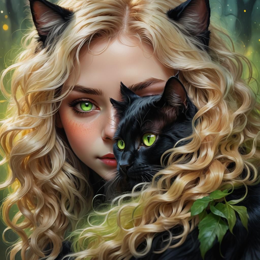 Black Cat Snuggles Girl in Fantasy Digital Painting