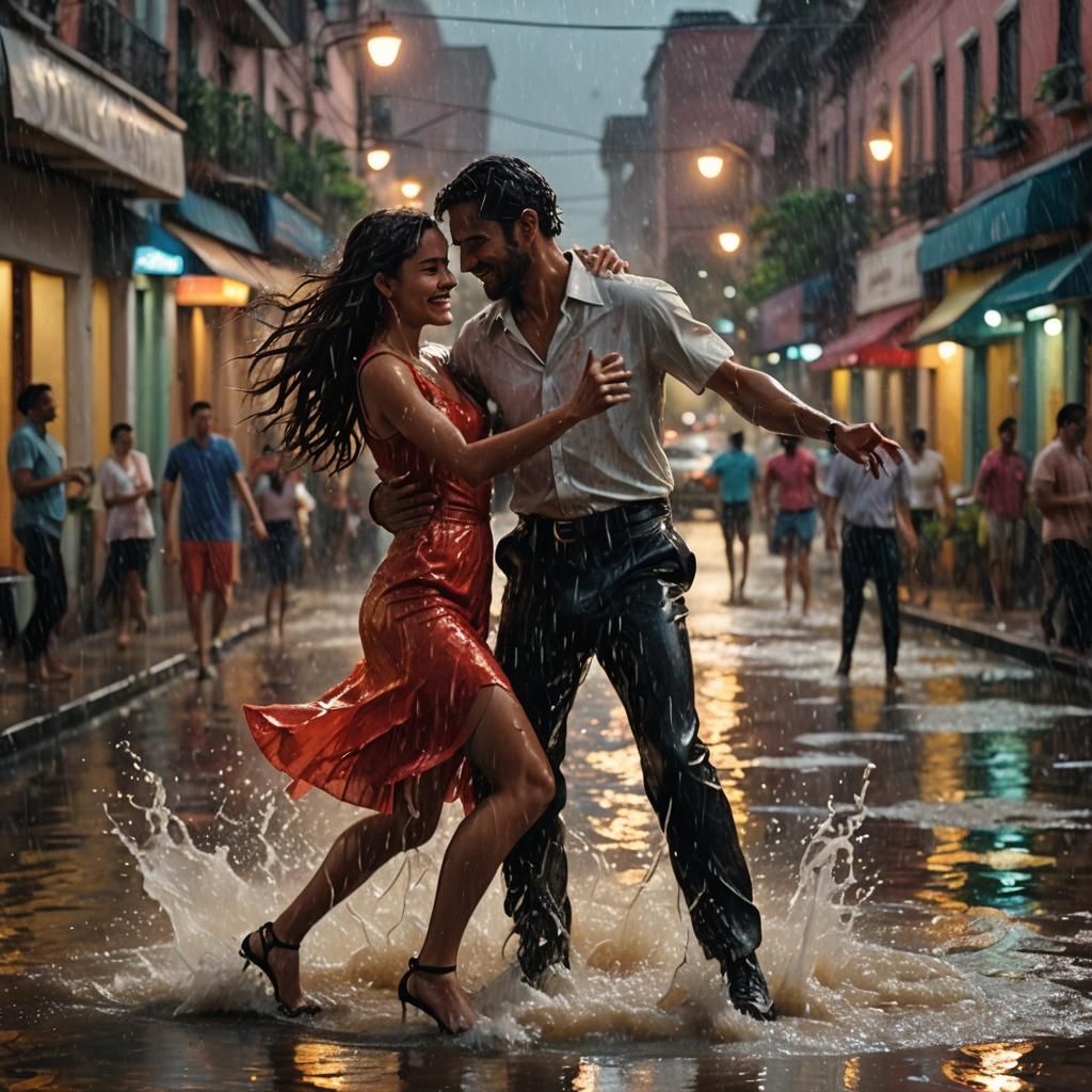 Salsa Dance in Flooded City: Cinematic Film Still