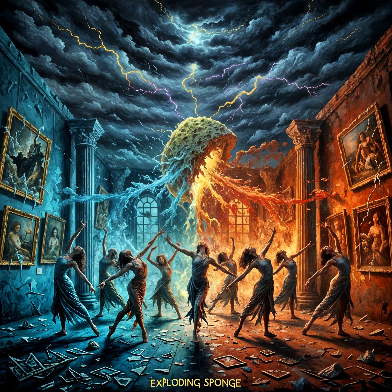 Exploding Sponge Acrylic Painting of Dancers in Gallery