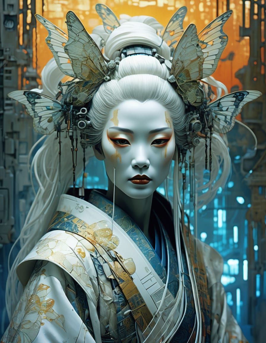 Android Geisha Portrait in Futuristic Repairshop