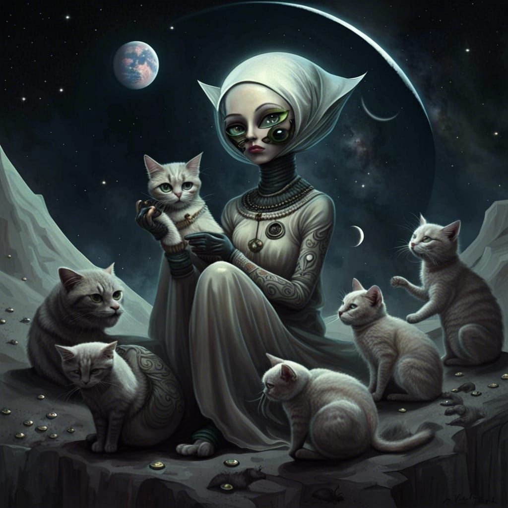 Alien Cat Lady Feeding Cats on the Moon