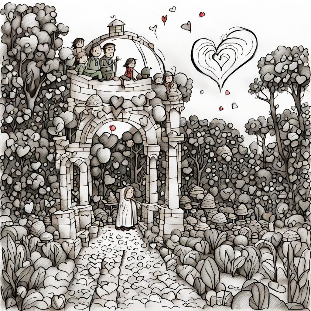 Botanical Garden of Love: Ink Drawing in Romatic Style
