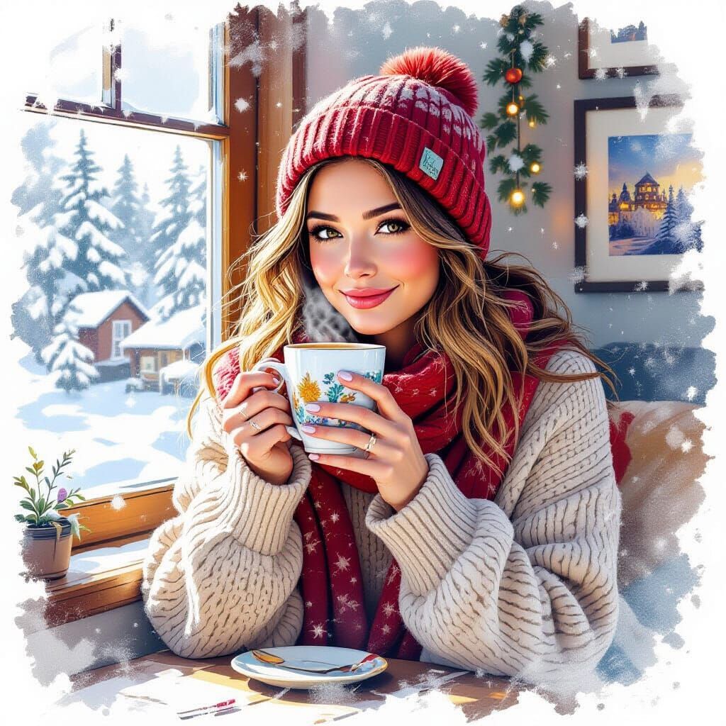 Cozy Winter Woman Reminiscing Summer: Diamond Painting Effec...