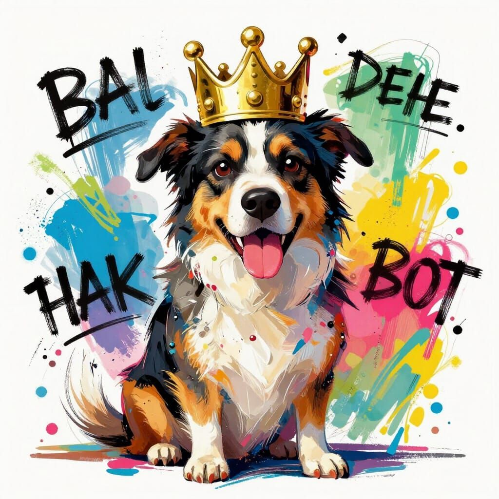 Proud Dog Wearing Crown in Basquiat Style