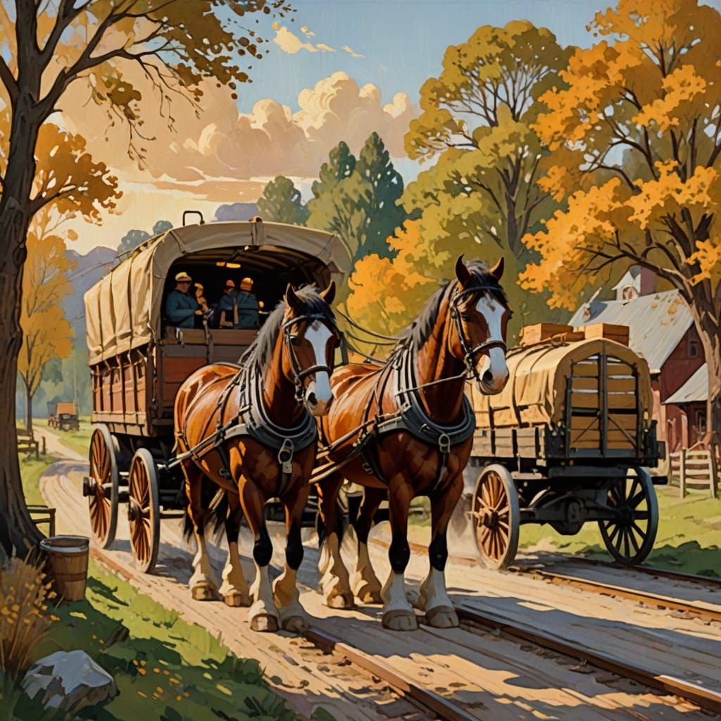 Clydesdales Pulling Wagon: Gouache Impressionist Painting