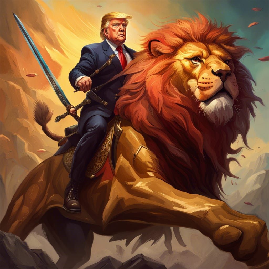 Hyperrealistic Trump Riding Lion with Sword