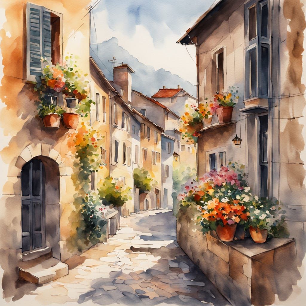 Charming European Village Street in Watercolor Splash Art