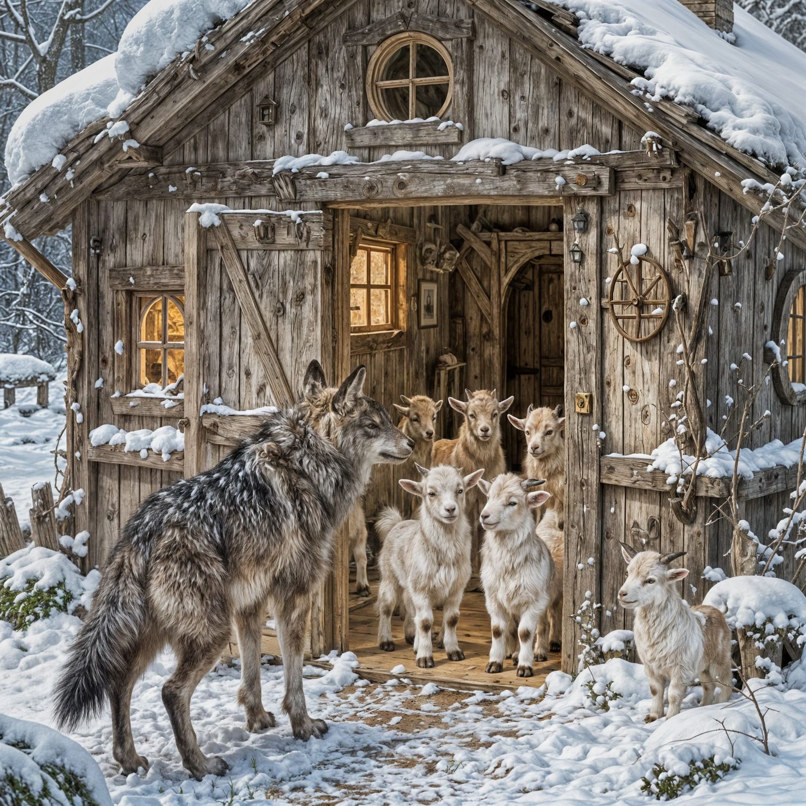 Wolf Approaches Goat House in Detailed Fairytale Illustratio...