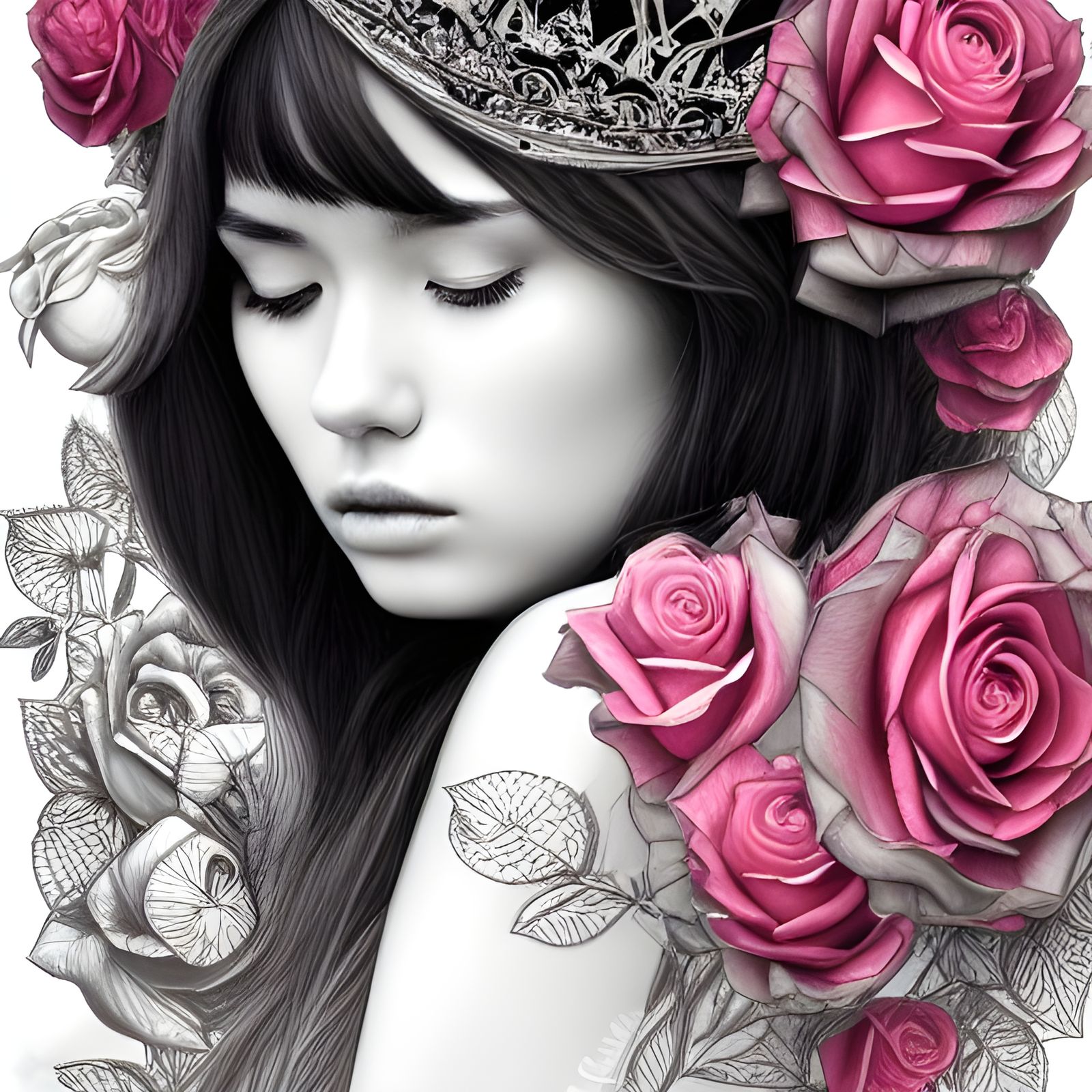 Brunette with Rose Crown: Digital Pencil Sketch