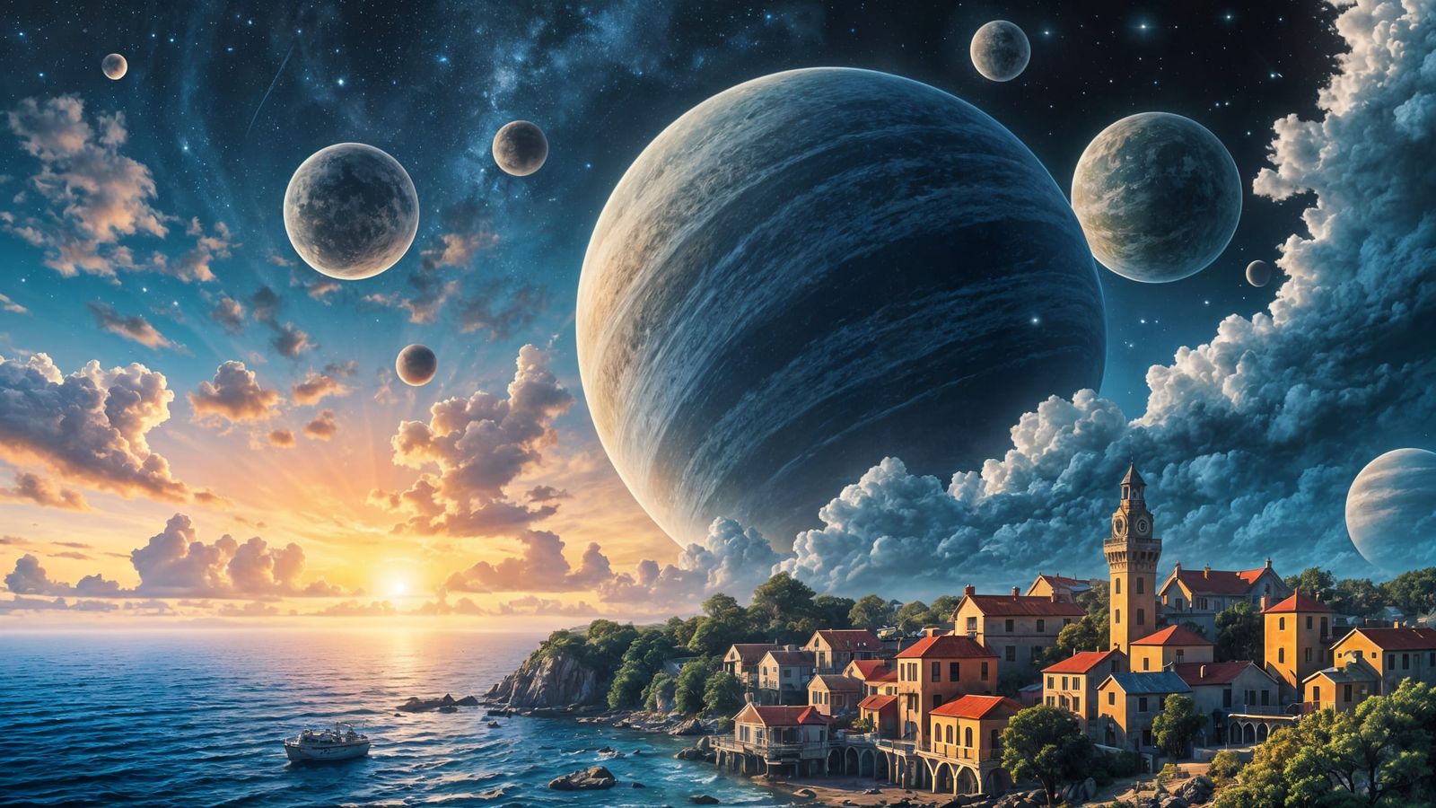 Dreamy Coastal World Under Vibrant Sunset Skies