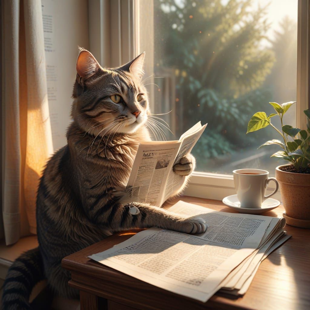 Cozy Cat-Boomer Reading Newspaper in Whimsical Illustration