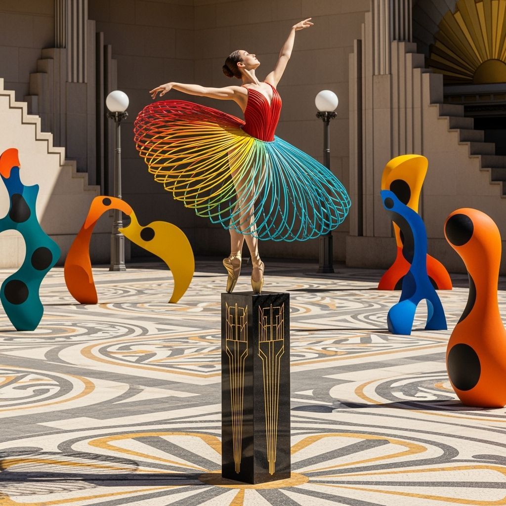 A whimsical kinetic sculpture of a graceful ballerina, her tutu crafted from colorful metal sheets, twirls and pirouette...