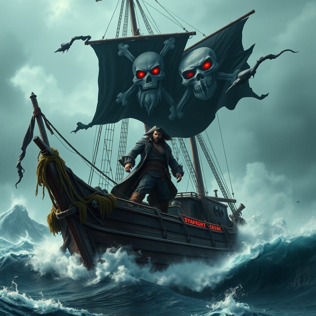 Towering Pirate Figure Confronts Tempestuous Seas in Dark, O...