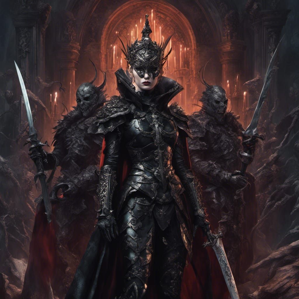 Masked Queen with Razor Swords, Detailed Matte Painting