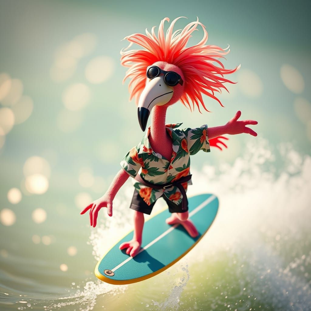 Flamingo Surfer in Vibrant Lowbrow Pop Style