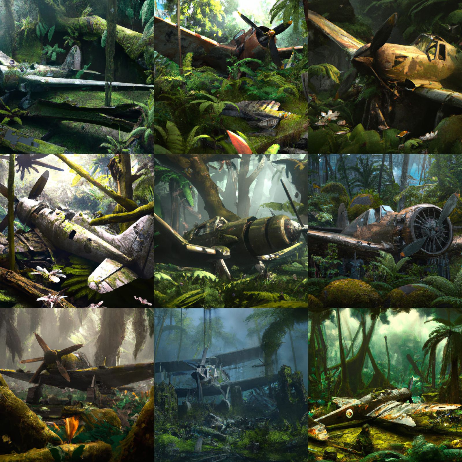 WWII Plane Wreck in Papua Forest, Fantasy Oil Painting