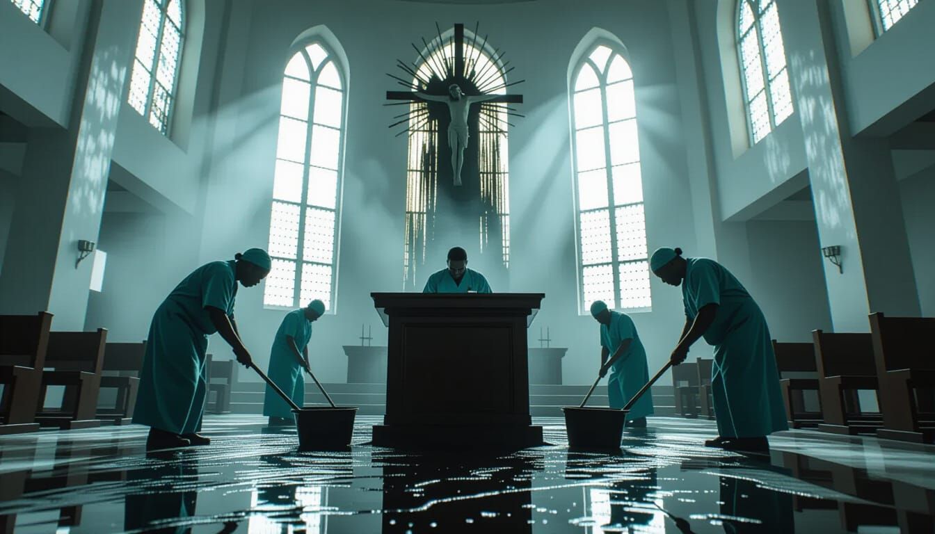 Ominous Church Stain Grows Darker: Realistic Cinematic Scene