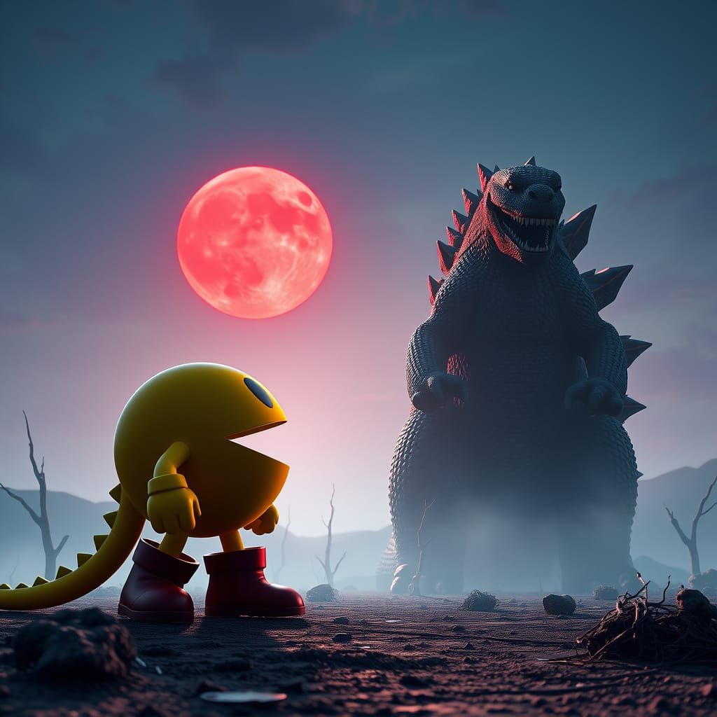 Epic Twilight Showdown: Pac-Man vs Godzilla