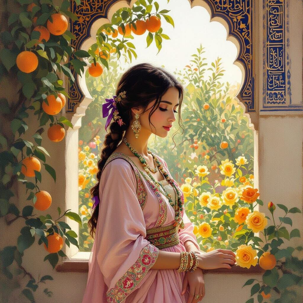 Andalusian Girl in Garden, Sorolla-Inspired Painting