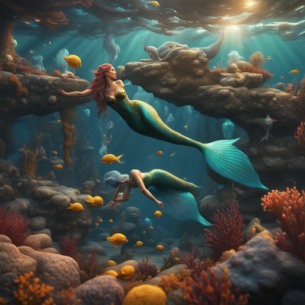Beautiful Mermaids Sunbathing in Detailed Digital Painting