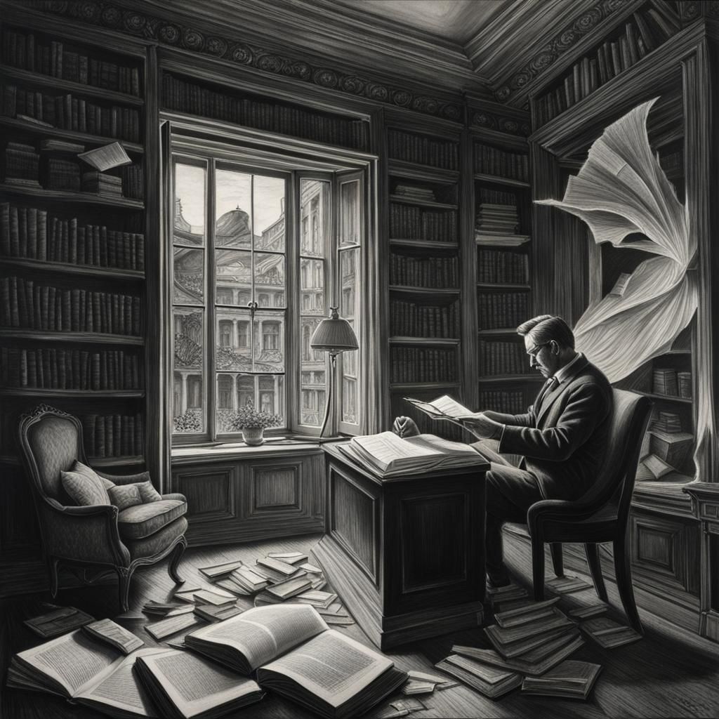 Man Reading in Room with Broken Window: Charcoal Drawing