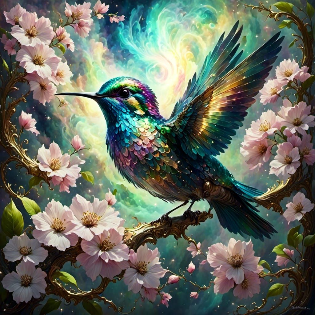 Detailed Hummingbird on Dogwood Bloom Digital Painting