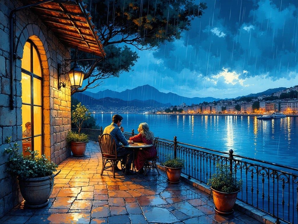 Couple on Balcony Overlooking Rainy Palma Night