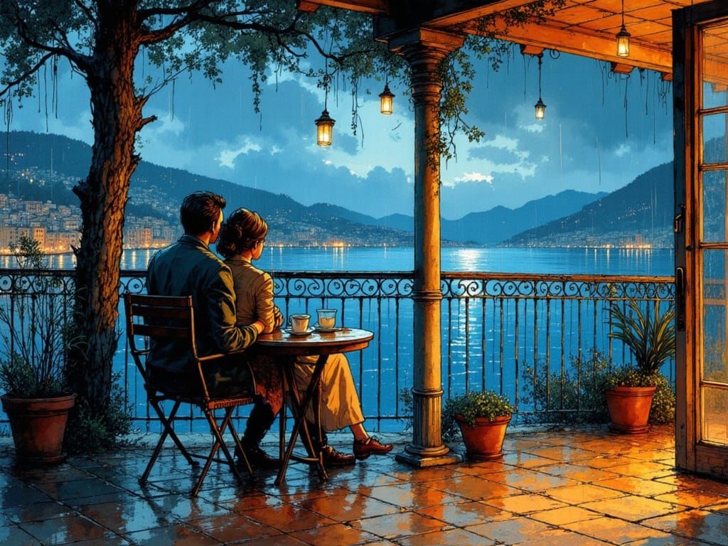 Rainy Night in Palma de Mallorca Overlooking the Mediterrane...